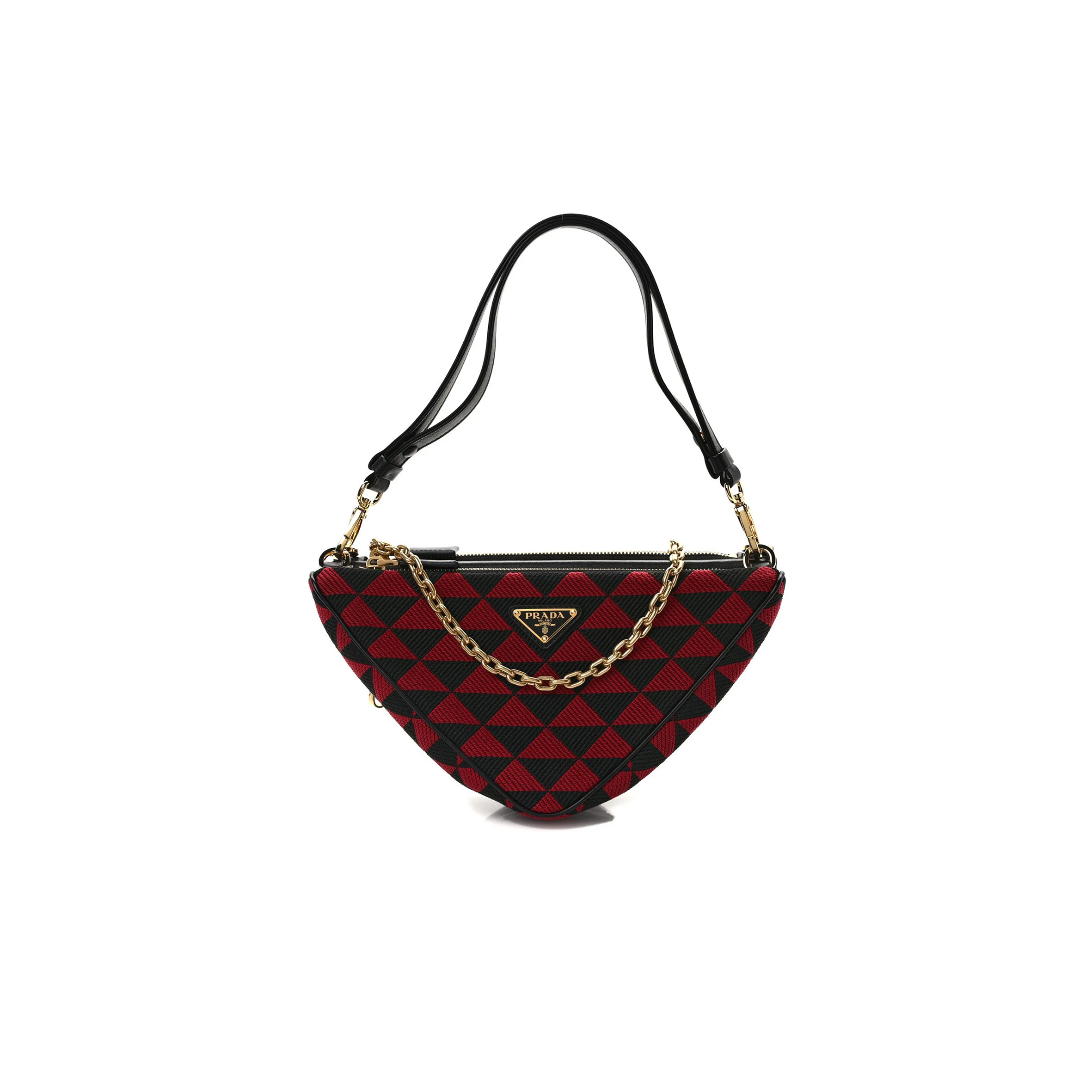 PRADA JACQUARD CALFSKIN TRIANGOLO SYMBOLE EMBROIDERED MINI TRIANGLE DOUBLE BAG 1BC543 (27*14*6.5cm)  PRADA JACQUARD CALFSKIN TRIANGOLO SYMBOLE EMBROIDERED MINI TRIANGLE DOUBLE BAG 1BC543 (27*14*6.5cm)